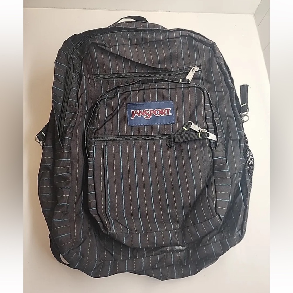 JANSPORT Backpack - Charcoal Pinstripe Book Bag Bookbag 1990s Style